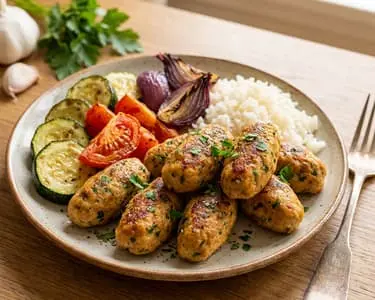 Grilled chicken skewers with rice and vegetables